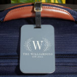 Elegant Monogram Stoffig Blauw Familienaam Bagagelabel<br><div class="desc">Dit stoffige blauw-witte bagagelabel is versierd met een laurierbladmonogram en jouw naam- en trouwdatum. Maakt een geweldige plek voor bruiloften en jubilea. Personaliseer het met uw Initiaal,  naam en trouwdatum. Wordt geleverd in verschillende kleuren. Ontworpen voor u door blackberry Boulevard.</div>