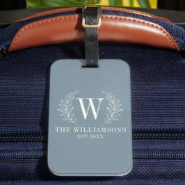 Elegant Monogram Stoffig Blauw Familienaam Bagagelabel