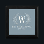 Elegant Monogram Stoffig Blauw Familienaam Cadeaudoosje<br><div class="desc">Deze stoffige blauw-witte geschenkdoos is versierd met een laurierbladmonogram en jouw naam- en trouwdatum. Geweldig voor bruiloft en jubileumgeschenken. Personaliseer het met uw Initiaal,  naam en trouwdatum. Wordt geleverd in verschillende kleuren. Ontworpen voor u door blackberry Boulevard.</div>