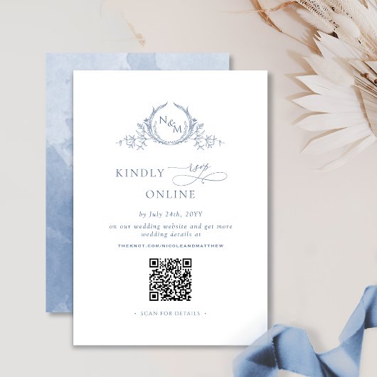 Elegant Monogram Stoffig Blauw QR Code Bruiloft RS Informatiekaartje
