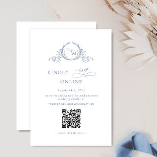 Elegant Monogram Stoffig Blauw QR Code Bruiloft RS Informatiekaartje