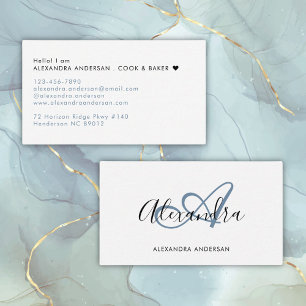Elegant Monogram Stoffig Blauw Zwart Script Naam Visitekaartje