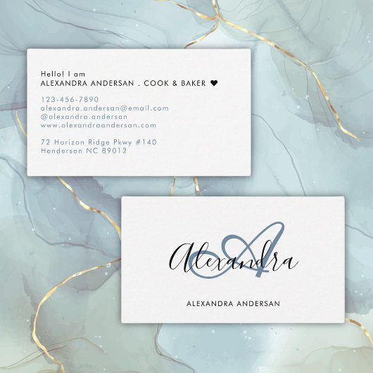 Elegant Monogram Stoffig Blauw Zwart Script Naam Visitekaartje