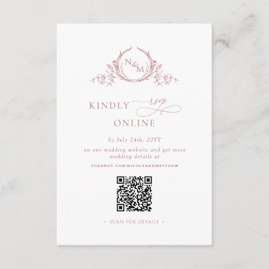 Elegant Monogram Stoffig Roos RSVP Online QR Code Informatiekaartje (Voorkant)
