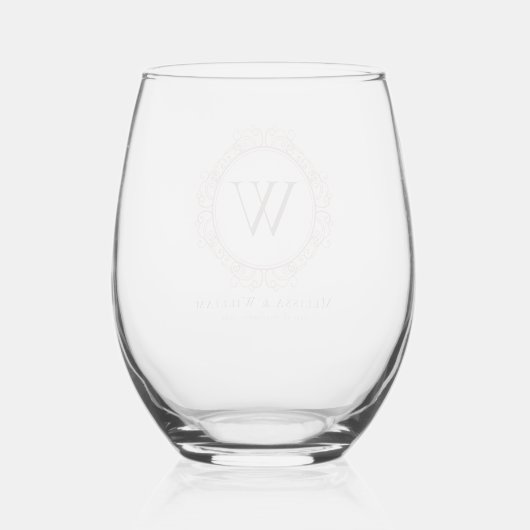 Elegant Monogram Stoffige Blush Klassieke Bruiloft Wijnglas Zonder Voet (Achterkant)