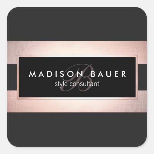 Elegant monogram Striped Black and Roos Gold Vierkante Sticker (Voorkant)