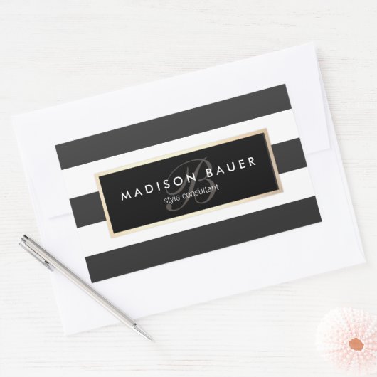 Elegant Monogram Striped Black and White Rechthoekige Sticker (Envelop)