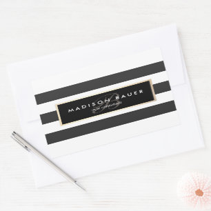Elegant Monogram Striped Black and White Rechthoekige Sticker