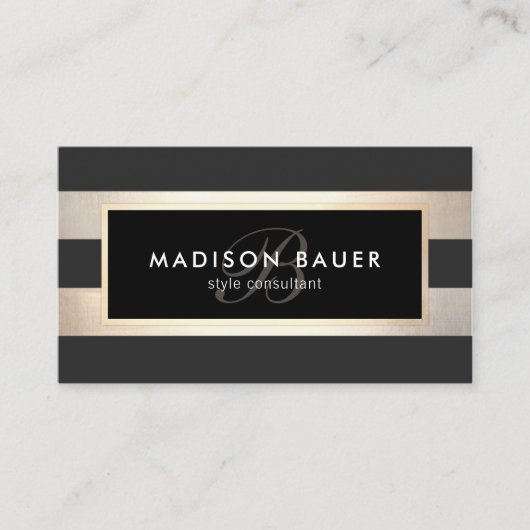 Elegant Monogram Striped Black en FAUX Gold Foil Visitekaartje (Voorkant)