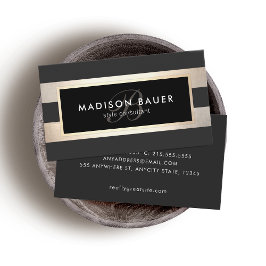 Elegant Monogram Striped Black en FAUX Gold Foil Visitekaartje