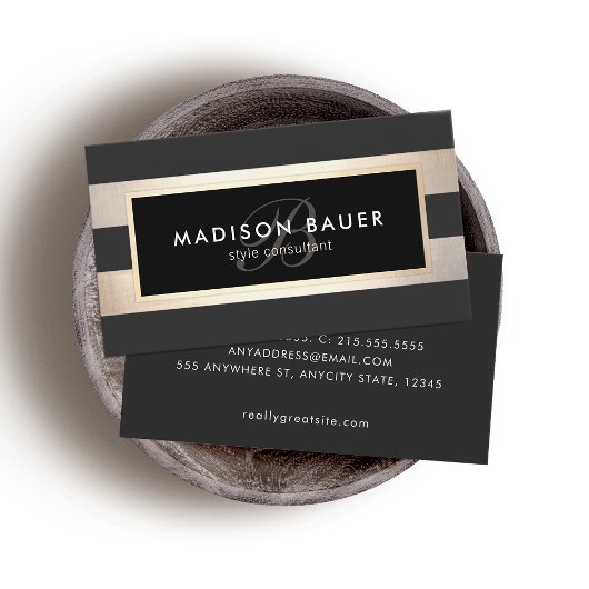 Elegant Monogram Striped Black en FAUX Gold Foil Visitekaartje