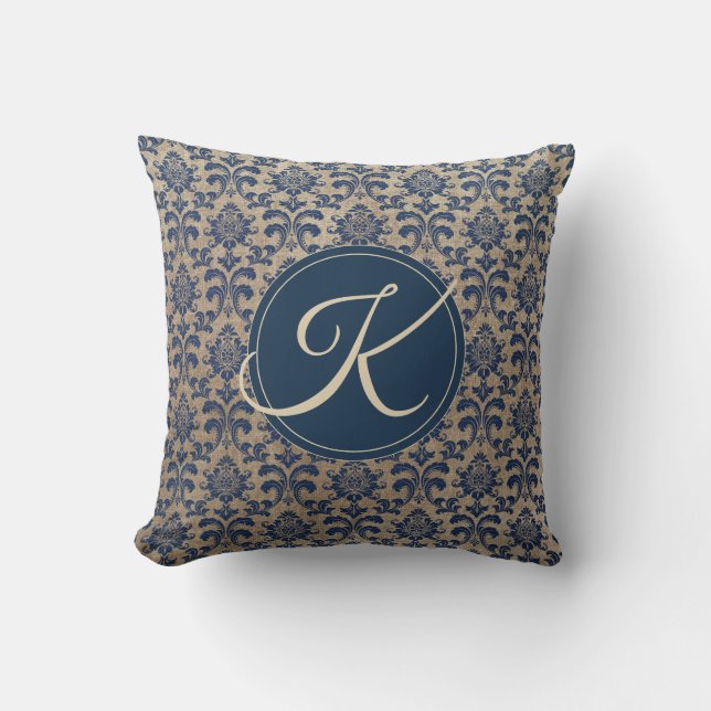 Elegant Monogram Taupe en Blauwe Damast Kussen (Voorkant)