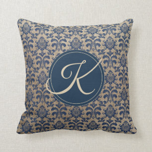 Elegant Monogram Taupe en Blauwe Damast Kussen
