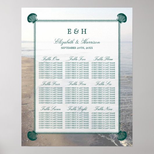 Elegant Monogram & Teal Scallop Strandhuwelijk Poster (Voorkant)