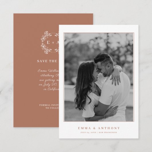 Elegant Monogram Terracota Bruiloft Save The Date (Voorkant / Achterkant)