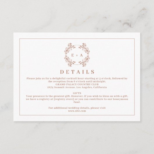 Elegant Monogram Terracota Wedding Details Informatiekaartje (Voorkant)