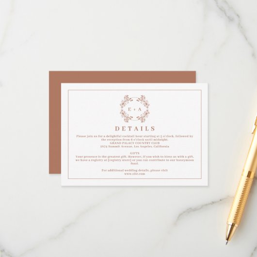 Elegant Monogram Terracota Wedding Details Informatiekaartje (Voorkant / Achterkant in situ)