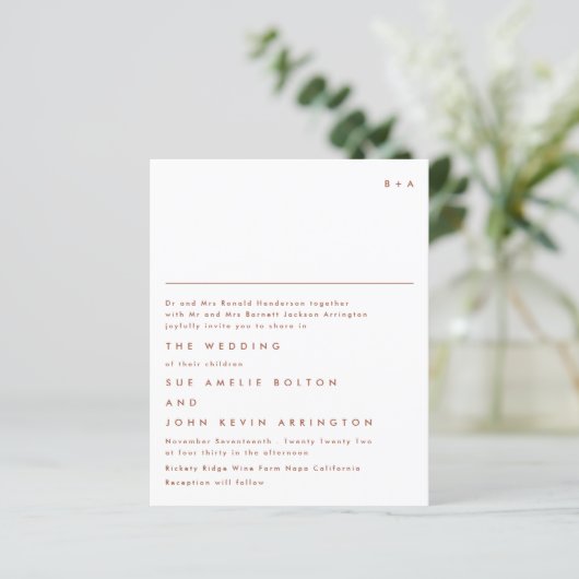 Elegant Monogram Terracotta Budget Wedding Invite (Staand voorkant)