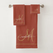 Elegant Monogram Terracotta Gold Script Name  Bad Handdoek (Insitu)