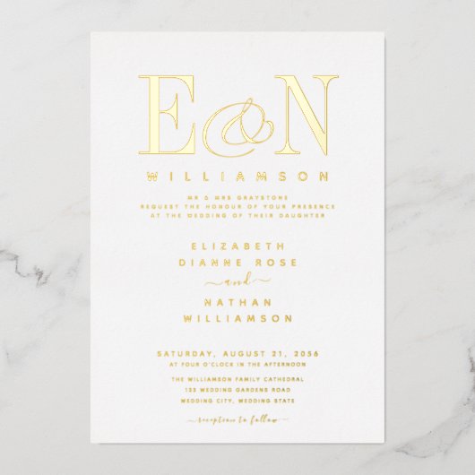 Elegant Monogram Trouw Wit Goud Folie Uitnodiging (Voorkant)