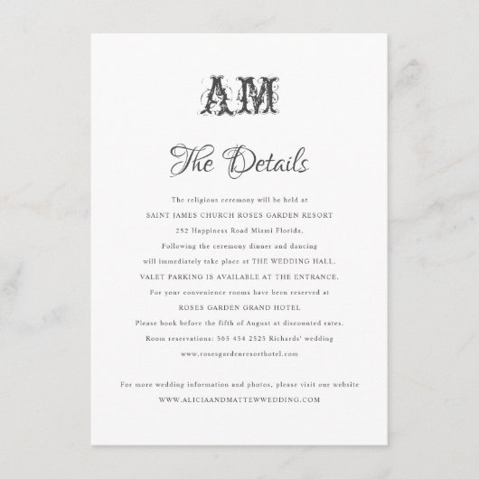Elegant monogram trouwgegevens informatiekaartje (Voorkant)