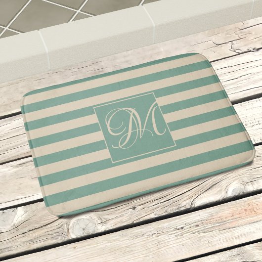 Elegant monogram turquoise crème strepen kustlijn badmat