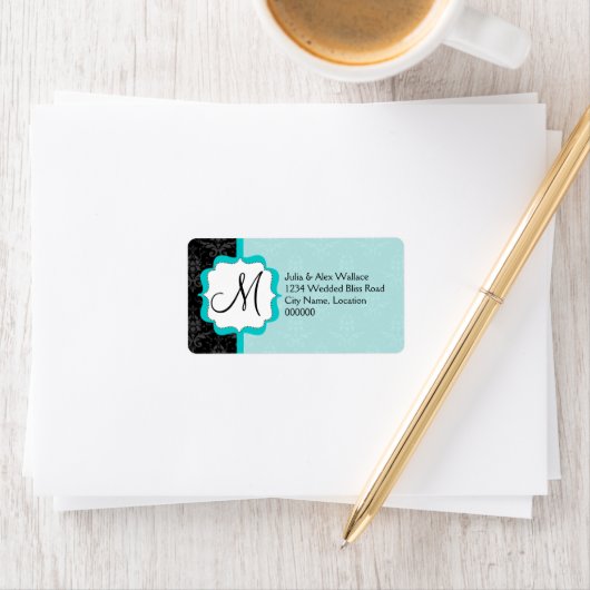 Elegant Monogram Turquoise Damask Etiket (Insitu)