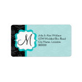 Elegant Monogram Turquoise Damask Etiket (Voorkant)