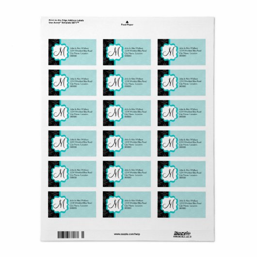 Elegant Monogram Turquoise Damask Etiket (Full Sheet)