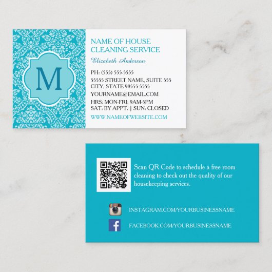 Elegant Monogram Turquoise Damask Huishouding Visitekaartje (Voorkant / Achterkant)