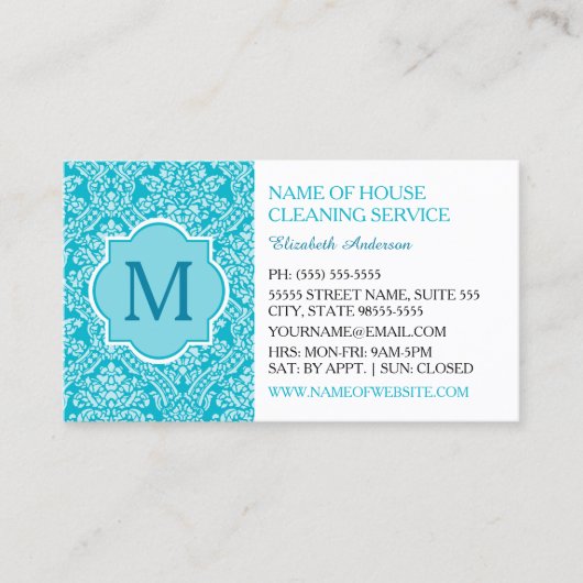 Elegant Monogram Turquoise Damask Huishouding Visitekaartje (Voorkant)