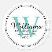 Elegant Monogram Turquoise Retouradres Ronde Sticker (Voorkant)