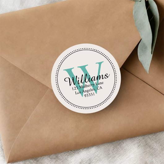 Elegant Monogram Turquoise Retouradres Ronde Sticker