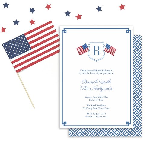 Elegant Monogram USA Flag Passen getrouwd Brunch B Kaart