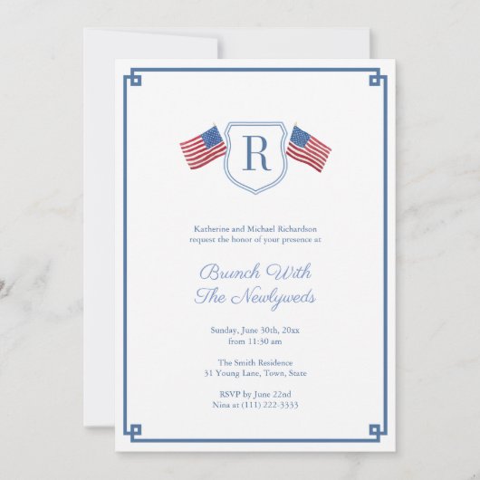 Elegant Monogram USA Flag Passen getrouwd Brunch B Kaart (Voorkant)