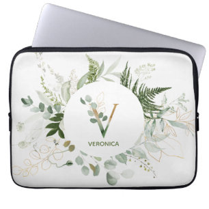 Elegant Monogram V Green Wreath Laptop Mouw Sleeve
