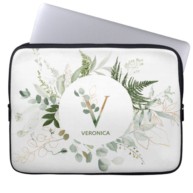 Elegant Monogram V Green Wreath Laptop Mouw Sleeve (Voorkant)
