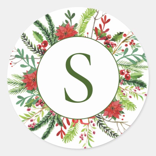 Elegant Monogram Vakantie Winter krans Ronde Sticker (Voorkant)