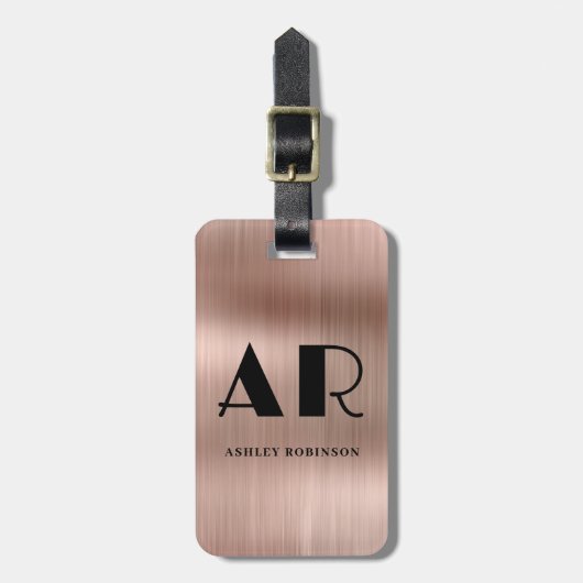 Elegant Monogram Vet Twee Initialen Roos Gold Meta Bagagelabel (Voorkant verticaal)