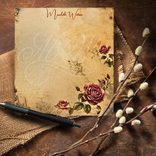 Elegant Monogram Vintage Papier Bloem Roos Notitieblok