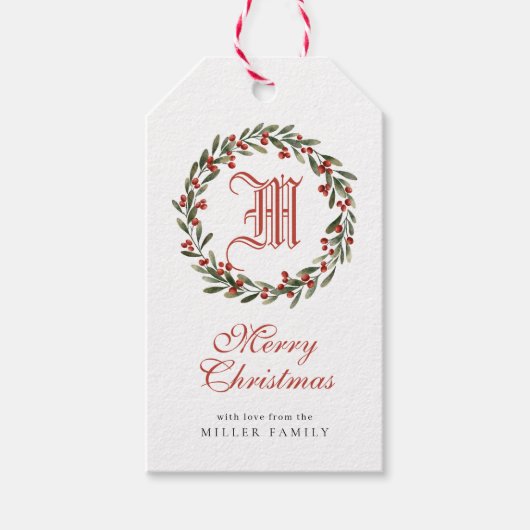 Elegant Monogram Vrolijk Kerstfeest Vakantie krans Cadeaulabel (Voorkant)