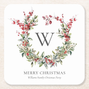 Elegant Monogram Vrolijk Kerstfeest Vakantie krans Kartonnen Onderzetters