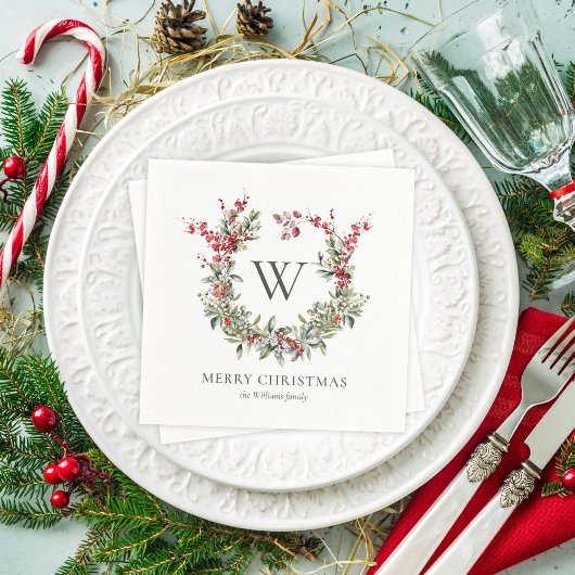 Elegant Monogram Vrolijk Kerstfeest Vakantie krans Servet