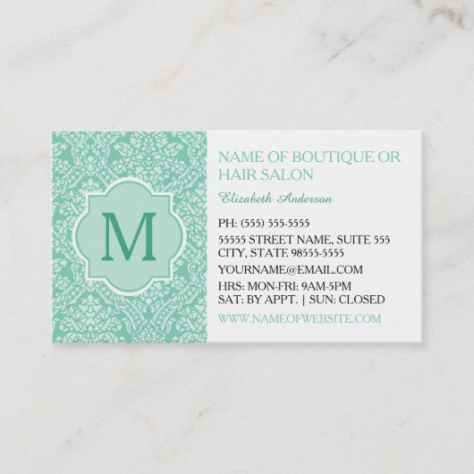 Elegant Monogram Vrouwelijke Munt Damask Boutique Visitekaartje (Voorkant)