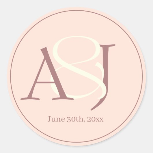 Elegant Monogram Warm Pinkish Earth Tones Wedding Ronde Sticker (Voorkant)