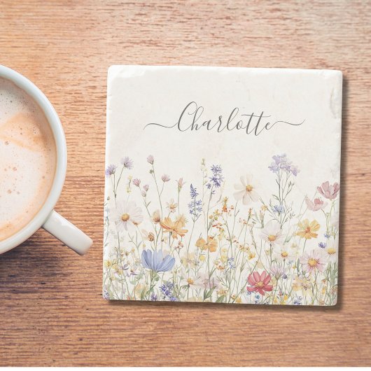 Elegant Monogram Watercolor Colorful Wildflower Stenen Onderzetter
