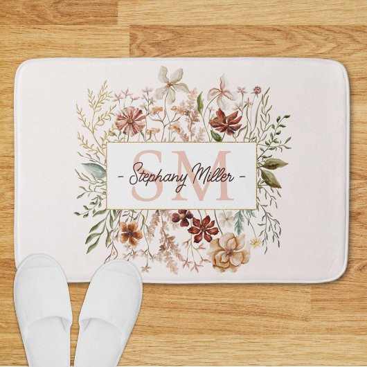 Elegant Monogram Watercolor Fall Wildflower Floral Badmat