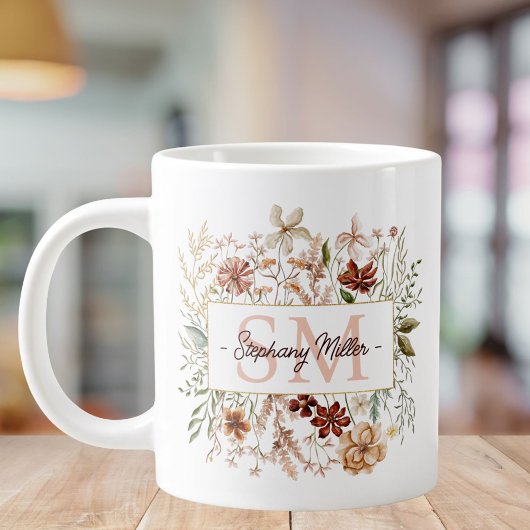 Elegant Monogram Watercolor Fall Wildflower Floral Grote Koffiekop