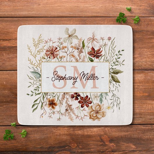 Elegant Monogram Watercolor Fall Wildflower Floral Snijplank