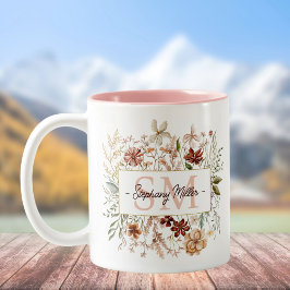 Elegant Monogram Watercolor Fall Wildflower Floral Tweekleurige Koffiemok
